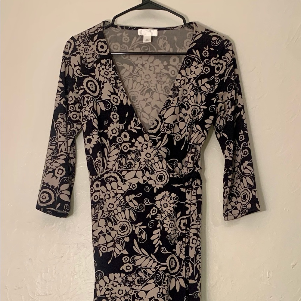 Black wrap dress with ecru flowers and vines